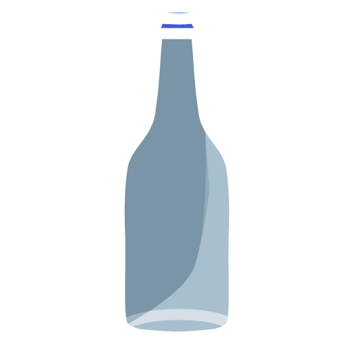 A clear glass bottle with a narrowing neck. The image has light line art. 